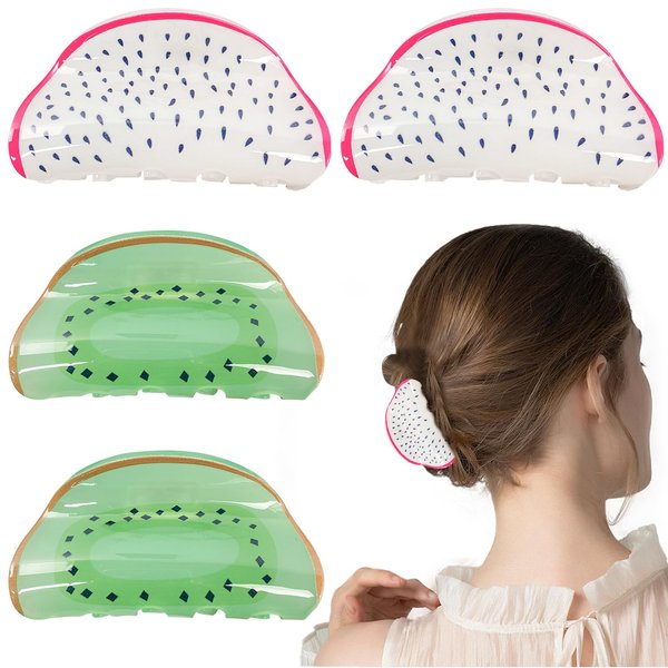 KuuGuu 4 PCS Fruit Print Hair Claws Clips Kiwifruit Pitaya Shape Hair Clips Cute Vivid Fashion Non Slip Hairpin Medium Hair Clamps Thick Hair for Long Curly Wavy Hair for Women Girls Hair Accessories