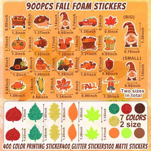 Thanksgiving Fall Leaf Foam Sticker, JULBEAR 900Pcs Autumn Glitter Maple Leaves Colorful Pattern Self-Adhesive Foam Stickers for Kids Thanksgiving Party Favors DIY Crafts Halloween Decorations