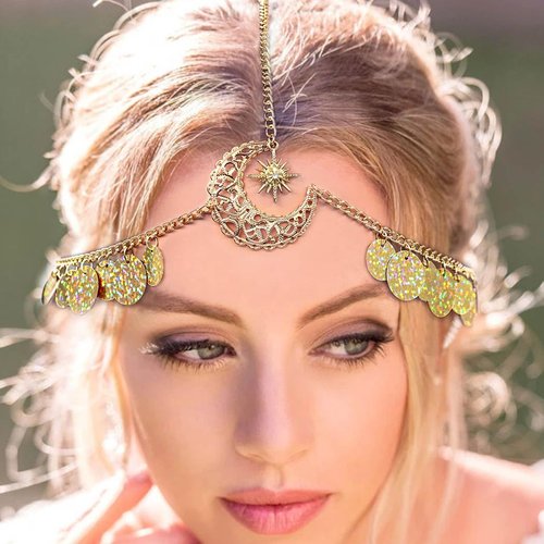 Uranian Gold Sequins Head Chains Star Moon Hair Chains Bridal Wedding Headpiece Headbands Sparkly Hair Accessories for Women and Girls