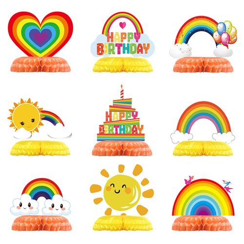 9 Pieces Rainbow Honeycomb Rainbow Party Decorations Cloud Sun Heart Balloon Decor Rainbow Centerpieces for Tables Rainbow Honeycomb Paper Centerpiece for Birthday Baby Shower