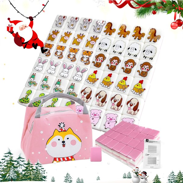 30mm Seaside Escape Game Blocks, Mahjong Tile Game Sets with 49 Tiles 30mm 12 Animals Pattern, Christmas Play with Kids.