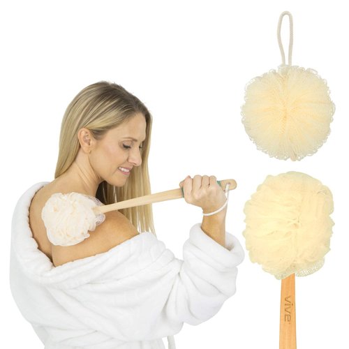 Vive Long Handle Loofah Back & Body Scrubber (Men & Women) - Exfoliating Shower Sponge On A Stick - Pouf Brush Exfoliator Bath Accessories for Face, Feet - Handheld Washer for Adults, Elderly (Light)