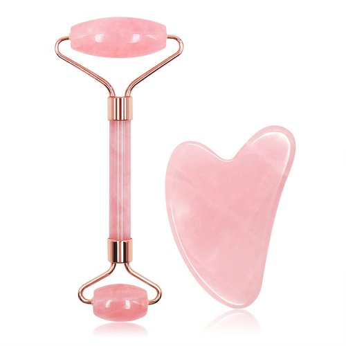 ZUKIMM Rose Quartz Face Roller, Gua Sha Facial Tools, Natural Beauty Skin Care and Sculpting Set, Facial Maasage to Reduce Puffiness and Improve Wrinkles for Neck & Eyes - Pink