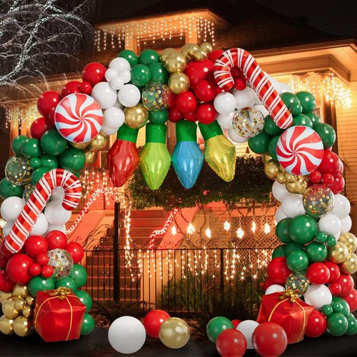 Grcypa 145Pcs Christmas Balloon Garland Arch Kit with Xmas Red White Green Gold Confetti Balloons Light Bulb Candy Cane Gift Box Foil Balloons for Christmas Party Decorations New Year Party Supplies