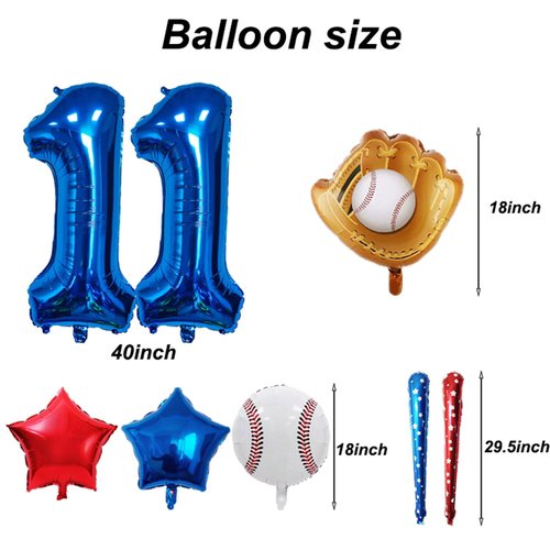 Baseball Balloons 11th Birthday Decorations for Boys, Baseball Party Decoration Baseball Sports Theme Party Supplies, 40 inch Foil Number Balloons Number 11 Balloon Blue Red White Sports Balloon Kits