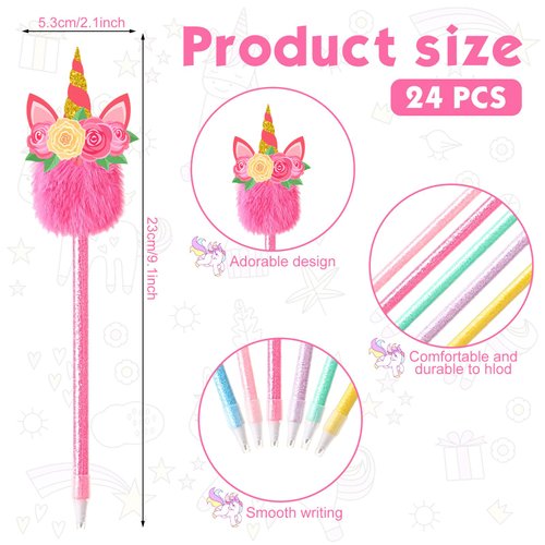 Cholemy 24 Pieces Unicorn Party Favor Pens Bulk Unicorn Fluffy Fuzzy Pens Rainbow Unicorn Pom Pom Pen Unicorn Plush Ballpoint Pens for Classroom School Office Unicorn Party Favors