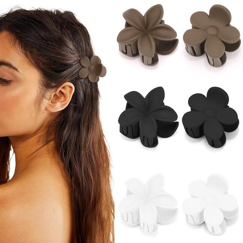 Hapdoo 6PCS Flower Small Hair Clips, Medium Matte Floral Hair Clips for Women Girls, Non-slip Cute Claw Clips for Thin Short Hair, Strong Hold Mini Hair Accessories, Neutral Colors