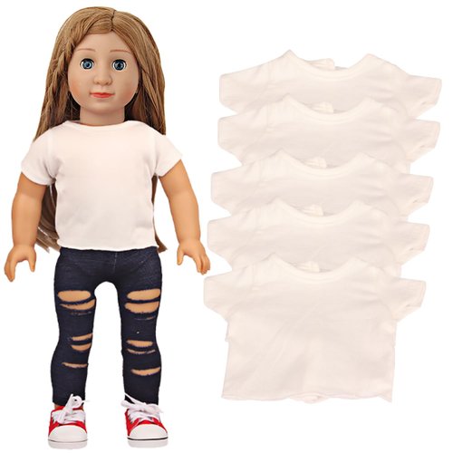 AugFrog 5 Pcs Doll T-Shirts for 18 Inch Dolls, Summer Outfit Doll Clothes Doll Accessories, Short Sleeved T-Shirts Classical Tee Fit for 18 Inch Doll - 5 Pcs White T-Shirts