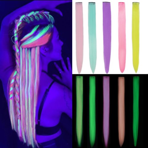 Orgwigs Christmas Colored Hair Extensions for Kids 18 inch 10pcs Glow in the Dark Hair Extensions Heat Resistant Rainbow Hair Extensions Multicolor Clip in Hair Extensions for Girls