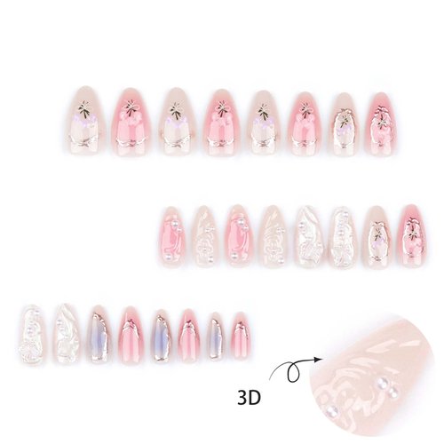 Rilafuvu Short Press on Nails Almond Fake Nails pearl Glue on Nails 3D Butterfly and Wave Acrylic Nails Flower Floral Nail Press ons Nude Stick on Nails for Women and Girls 24Pcs