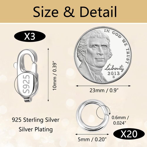 925 Sterling Silver Jewelry Making Lobster Claw 10mm, 23PCS Italian Rectangle Trigger Clasps with Open Jump Rings Set, Small Necklaces Bracelet Connector Clasp Supplies Silver Jewelry Finding Set
