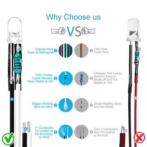 Chanzon 120pcs 12V 5mm LED Diode Lights 7.9 inch Pre Wired (6 Colors x 20pcs) Assorted Kit (Transparent Clear Round Lens) White Red Green Blue Yellow Warm-White Emitting LED Assortment