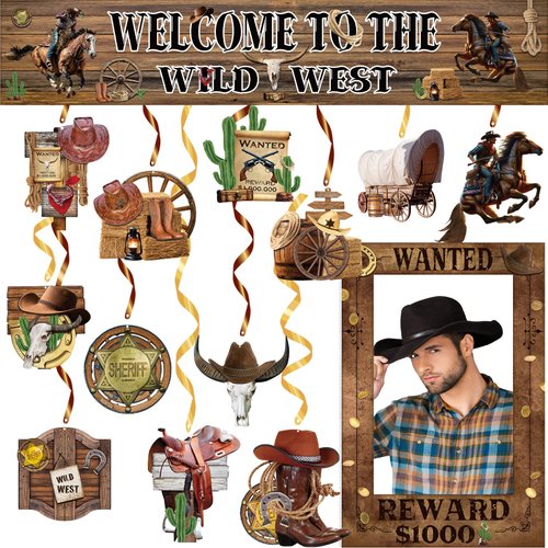 Gilprop 14 Pcs Western Party Decorations Western Cowboy Themed Banner Hanging Swirls Wild West Banners Ceiling Streamers Western Cowboy Theme Party Photography Backdrop Supplies for Birthday Party