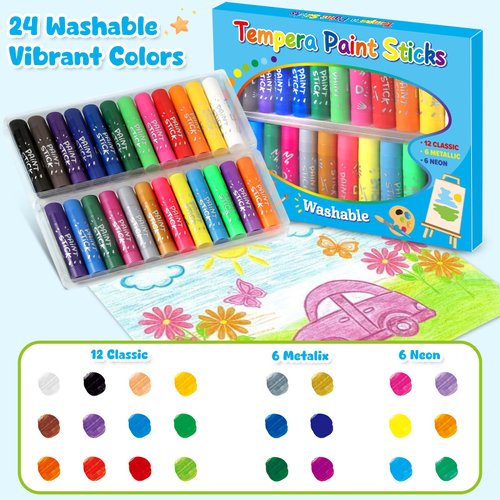 Tempera Paint Sticks For Kids, 24 Assorted Colors Washable Paint Set, Quick Drying Art Supplies for Toddlers and Kids, Ideal Stocking Stuffers for Kid Toddler 1-3 2-4
