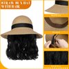 Lansigreen Sun Hat with Hair Extensions Hat Wig UPF 50+ Foldable Wide Brim Straw Beach Hat Attached 9" Wavy Hairpiece Synthetic for Women Summer Dark Black