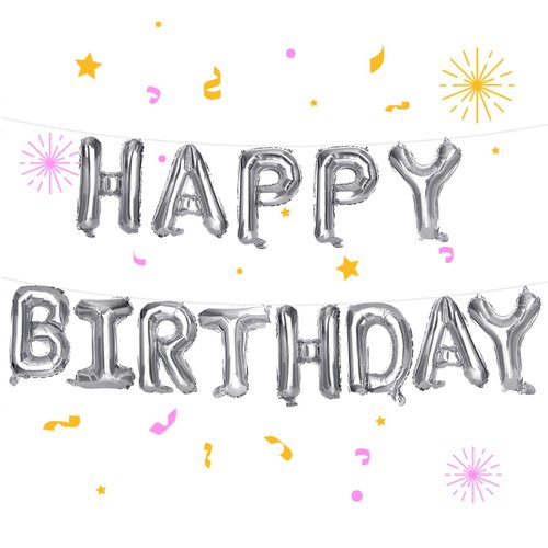 MCPINKY Happy Birthday Banner, Silver Mylar Foil Letters Balloon Birthday Sign Banner Happy Birthday Metallic Balloons for Kids Party Supplies