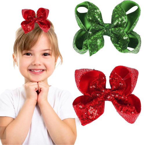 2PCS Christmas Hair Bows for Girls 5 Inches Sparkly Glitter Sequin Hair Bows Clips Red Green Hair...