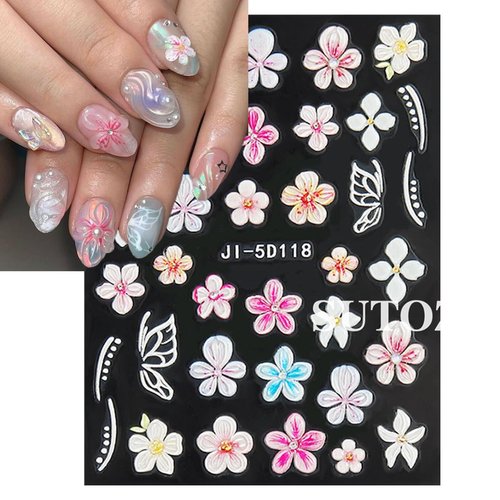Flower Nail Art Stickers Luxury 5D Embossed Nail Decals Colorful Five Petal Flowers Nail Design Pink White Flower Nail Stickers Designer Nail Art Supplies Manicure Tip Accessories for Women, 3Sheets