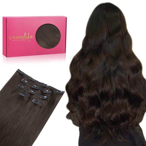 WENNALIFE Clip in Human Hair Extensions 80g 5pcs 20 Inch, Remy Clip in Hair Extensions Real Human Hair Dark Brown Virgin Human Hair Clip Ins Extensiones De Cabello Humano Con Clip