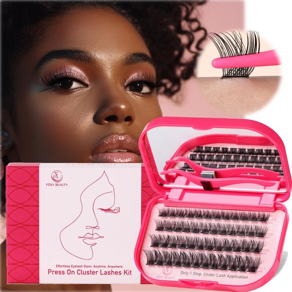 Self Adhesive Eyelashes - 48PCS Pre Glued Lashes Cluster With Tweezers,1 Step Press On False Lash Clusters Kit, D Curl, No Glue Needed, Lashes Case with Mirror,Full & Dramatic Look