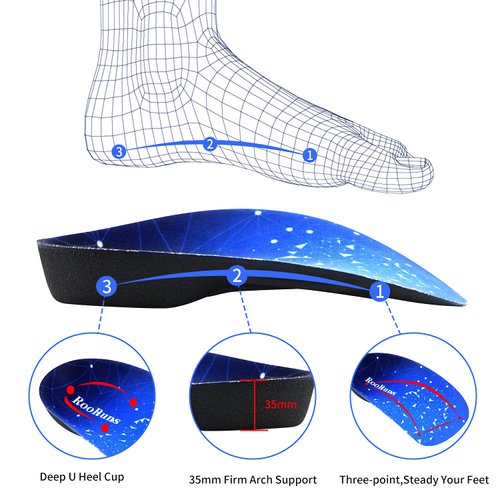 RooRuns Orthotic Inserts 3/4 Length, High Arch Support Foot Insoles for Over-Pronation Plantar Fasciitis Flat Feet Heel Pain Relief Shoe Inserts for Running Sports,S(Men 5-6/Women 6-7)