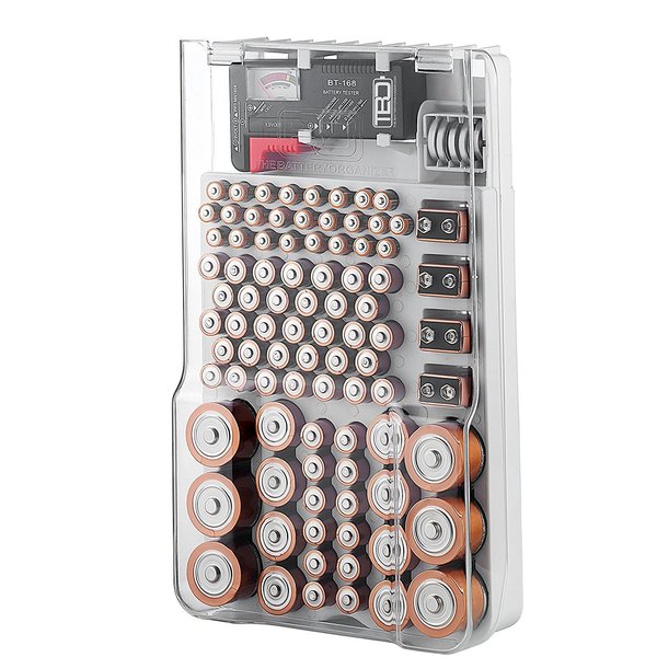 THE BATTERY ORGANISER and Tester with Cover, Battery Storage Organizer and Case, Holds 93 Batteries of Various Sizes, Includes a Removable Battery Tester for Garage Organization, White