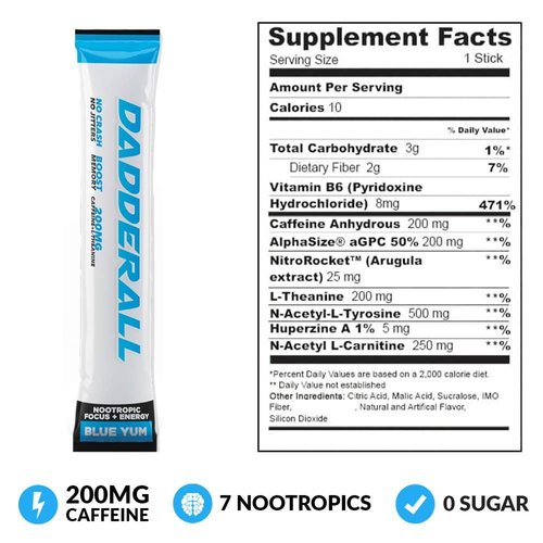 Dadderall Nootropic Powder for Energy and Focus | No Sugar Focus Energy Drink Mix with Nootropic Supplements, 200mg Caffeine, for Adults, 25 Single Serve Packets, Blue Yum