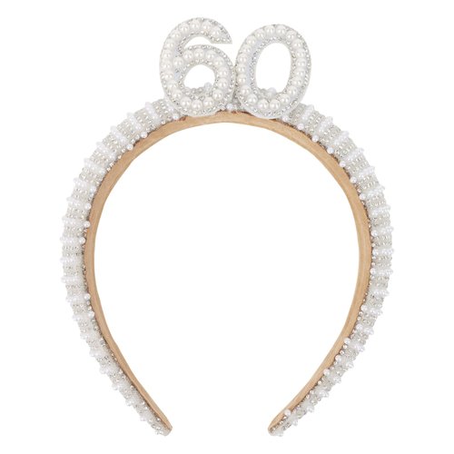 AMCAMI 60th Birthday Headband for Women Birthday Pearl Headband Beaded Headbands Gift Hair Accessory for Women 60th Rhinestone Headband for Women 60th Birthday Decorations