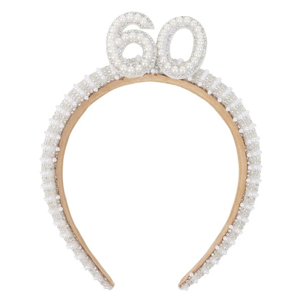 AMCAMI 60th Birthday Headband for Women Birthday Pearl Headband Beaded Headbands Gift Hair Accessory for Women 60th Rhinestone Headband for Women 60th Birthday Decorations