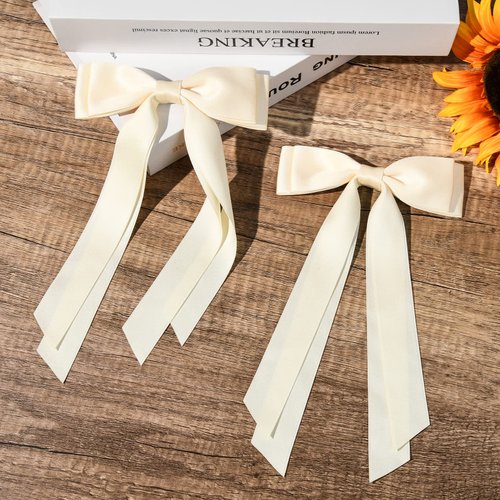 2PCS Silky Satin Hair Bows Hair Clip Beige Hair Ribbon Ponytail Holder Accessories Slides Metal Clips Hair Bow for Women Girls Toddlers Teens Kids