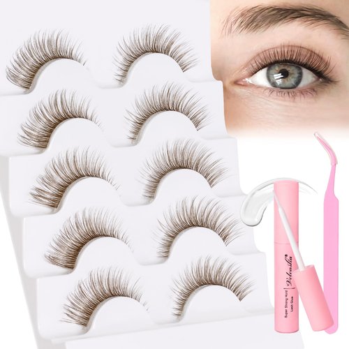 Veleasha Brown Lash Kit with Glue & Tweezer Cat Eye Lashes Natural Look 3D Fake Eyelashes with Clear Band Brown Wispy Eyelashes Lightweight & Soft Brown Eye Lashes 5 Pairs Pack Eyelash Kit (Brown 01)