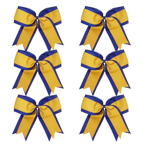 8 Inch 2 Colors 2 Layers 6 Pcs Jumbo Cheerleader Bows Ponytail Holder Cheerleading Bows Hair Elastic Hair Tie for High School College Cheerleading (Royal blue/Gold)