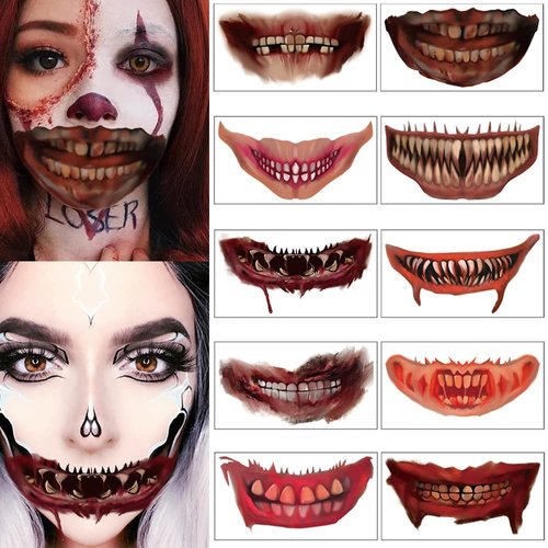 Halloween Prank Makeup Temporary Tattoo, Halloween Clown Horror Mouth Tattoo Stickers, Scary Big Mouth Face Tattoos Decals Cosplay Party Prank Props Kits for Halloween DIY Decorations 10Sheets