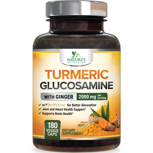 Turmeric Curcumin with BioPerine, Ginger & Glucosamine 95% Curcuminoids 2000mg Black Pepper for Max Absorption Joint Support, Nature's Tumeric Herbal Extract Supplement, Vegan, Non-GMO - 180 Capsules