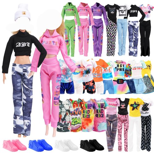 24 PCS Handmade Doll Clothes and Accessories for 11.5 inch Doll Including 1 Fashion Set 1 Hat 1 Sports Set 2 Dress Set 5 Tops and 5 Pants Outfits Set 4 Pair of Shoes in Random
