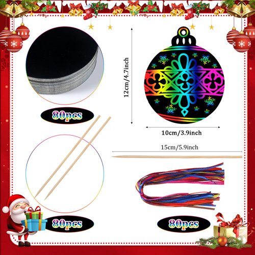 Hollowfly 80 Pieces Christmas Ornament Scratch Cards Rainbow Light Bulb Scratch Paper Christmas Tree Ornaments Christmas Party Supplies for Winter Xmas Home DIY Activities