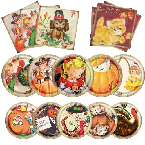 Vintage Thanksgiving Decorations Tableware,60pcs Thanksgiving Paper Plates and Napkins Kids Turkey Plates and Napkins Retro Thanksgiving Decorations Plates for Fall Decor Vintage Thanksgiving Party