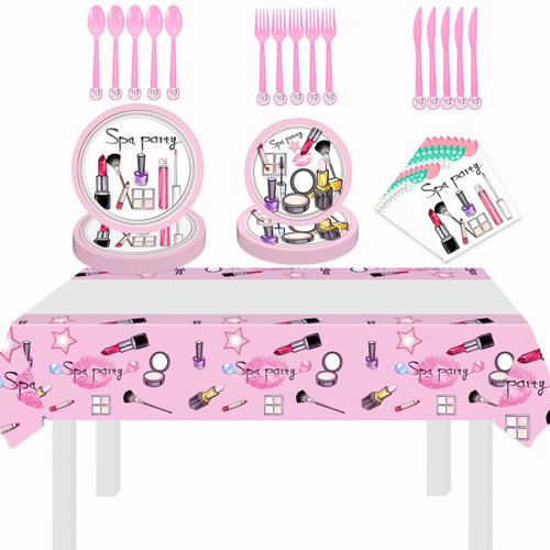 Spa Party Birthday Tableware Kit 71pcs, Make Up Paper Plates Napkins Forks Knives Spoons Plastic Disposable Table Cloth for Girls Spa Makeup Birthday Party Supplies Decorations