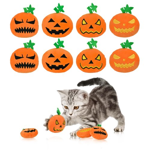 LyssKMK Halloween Pumpkin Toys for Cats Plush Teething Toys Featuring Pumpkin with Range Expressions Embroidery Designs Interactive Plush Toys for Kittens and Cats (8PCS)