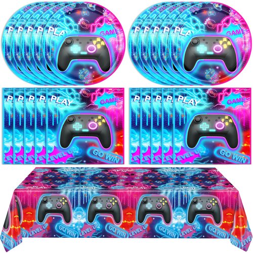 Video Game Birthday Decorations 41Pcs Boys Video Gamer Party Supplies Level Up Video Game On Party Plates Napkins Tablecloth丨Kids Boys Men Gaming Birthday Party Decorations Supplies(Blue),Serve 20