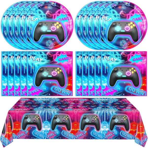 Video Game Birthday Decorations 41Pcs Boys Video Gamer Party Supplies Level Up Video Game On Party Plates Napkins Tablecloth丨Kids Boys Men Gaming Birthday Party Decorations Supplies(Blue),Serve 20