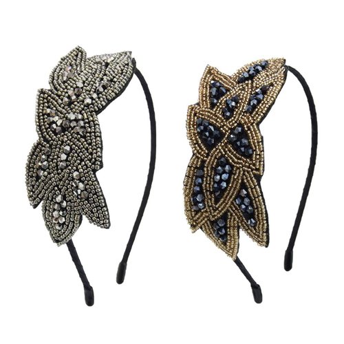 2 PCS Handmade Beaded Leaf Headband Vintage Rhinestone Hairband Hair-Band Headwear Accessories for Women Lady Girls (Navy Blue+Silver)