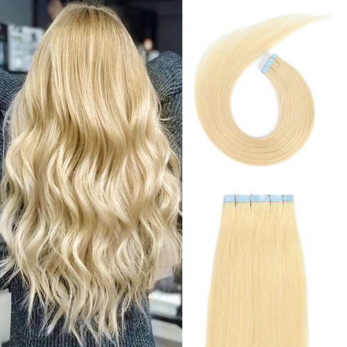 Tape in Hair Extensions Human Hair Bleach Blonde 16Inch 40g Blonde Tape in Hair Extensions Human Hair 20Pieces/Pack Hair Extensions Real Human Hair Tape in for Women(16Inch,#613,40g)