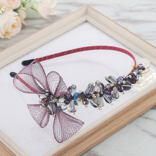 Formery Crystal Flower Headband Purple Bowknot Crystal Beads Hairband Party Prom Wedding Handmade Copper Wire Floral Beaded Headpiece for Women and Girls
