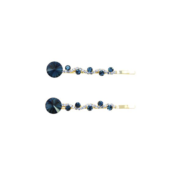 Faship A Pair Of Navy Blue Premium Rhinestone Crystal Floral Hair Clips 2 Pcs Pins - Navy Blue/Gold Plated