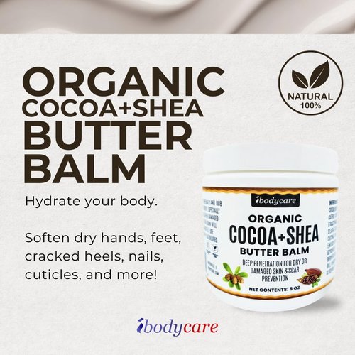 ibodycare Cocoa Butter Belly and Body Balm with Shea Butter, and Coconut Oil, 8 oz Organic, Raw, Unrefined Natural Body Butter Blend