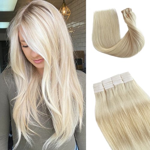 Tape in Hair Extensions 18 Inch Pu Adhesive Tape in Extensions 50 Grams Tape On Hair Straight Human Hair for Women #60 Platinum Blonde Color Invisible Tape in Hair Extensions Human Hair