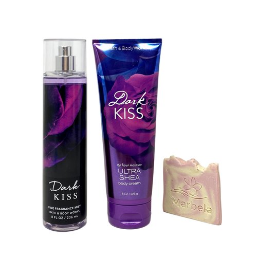 Bath & Body Works Dark Kiss Gift Set - Fragrance Mist and Body Cream - with a Himalayan Salts Spring Sample Soap.