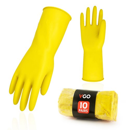 Vgo... 10-Pairs Reusable Household Gloves, Rubber Dishwashing gloves, Extra Thickness, Long Sleeves, Kitchen Cleaning, Working, Painting, Gardening, Pet Care (Size M, Yellow, HH4601)