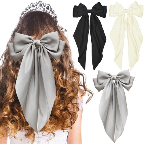 LSxia 3PCS Hair Bows for Women, [Black &amp; Gray &amp; Beige White] Hair Bows for Hair, Big Silky Satin ...